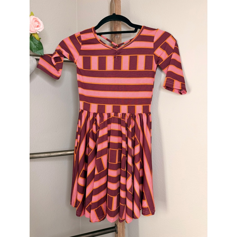 Dot Dot Smile Kids Pink Burgundy Geometric Stripe Strappy Back Twirl Dress 7 - Picture 2 of 7